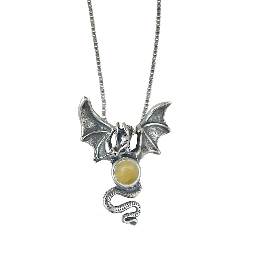 Sterling Silver Dragon of Protection Pendant With Yellow Aragonite